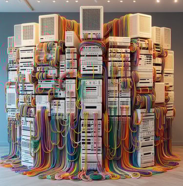 a large pile of computer equipment with many wires and wires