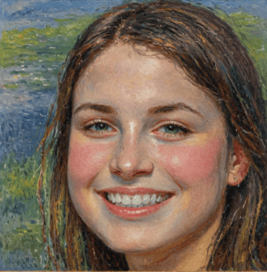 Impressionist oil painting of a smiling young woman with brown hair and a nature backdrop.
