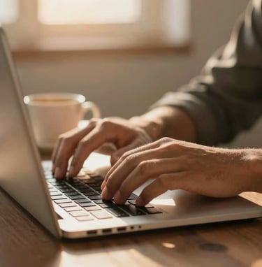 A candid shot of a developer's hands typing on a laptop with a warm cup of coffee nearby, bathed in golden hour sunlight. Subtle touches of #8C5845 and #3A3B3C in the composition.