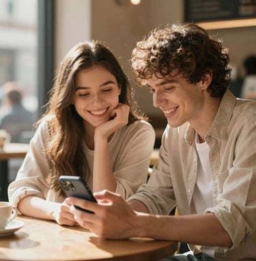 A cinematic, warm sun-drenched photo of a young couple interacting happily with a digital app on a smartphone, sitting in a cozy cafe. The atmosphere is friendly and human-centric, featuring tones of #F7F4E9 and #D1A689.