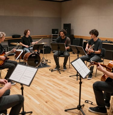 An action shot of a musical collaboration in a sleek, professional International / English-speaking rehearsal space. Multiple artists are visible with instruments, captured in a moment of creative energy with funky, warm lighting.