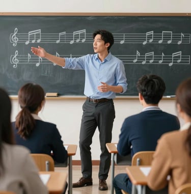 A dynamic shot of a musician in an International / English-speaking classroom setting, enthusiastically teaching a group of adults. The scene is bright and professional, with musical notes on a chalkboard in the background.