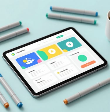 A creative workspace featuring a tablet showing a colorful graphic design portfolio, surrounded by art markers and a coffee mug. The scene is bright and artistic, prominently using #7A9E9F and #F8F6F4.