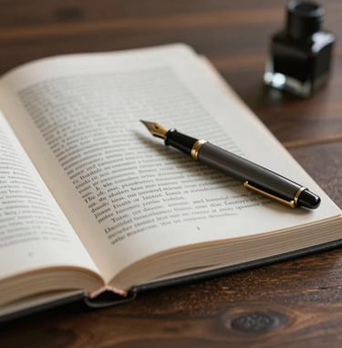 A close-up, scholarly shot of an open academic journal and a vintage fountain pen resting on a dark wood surface. The lighting is focused and warm, highlighting textures of paper and ink, incorporating #D4B281 and #3D3B3C tones.