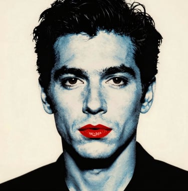 A Pop Art portrait in the style of Jean-Luc Godard's film posters. Bold black #1A1A1A outlines, primary red #D4202B flat color fills on the lips, and a light blue #0050B3 halftone pattern on the skin. Off-white #FDFDF5 background with a vintage paper texture.