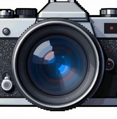 Graphic comic book panel showing a 1960s camera lens. Bold black #1A1A1A strokes, vibrant primary blue #0050B3 reflections in the glass, and a red #D4202B record light indicator. Style is flat, minimalist, and cinematic.