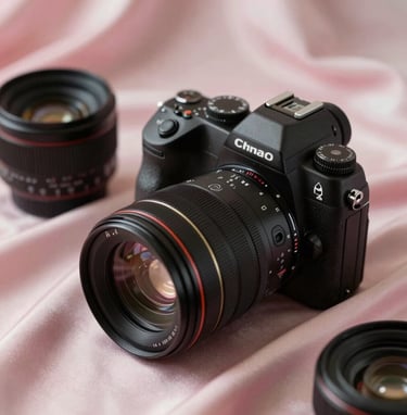 A close-up photograph of professional photography equipment on a soft light pink silk cloth. The lighting is elegant and soft, emphasizing the high-quality textures. Middle Eastern / Gulf aesthetic with a focus on luxury and detail.