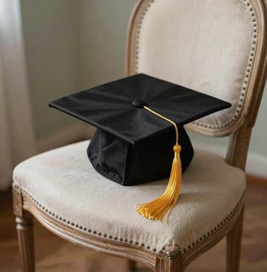 A beautifully arranged photography set for a graduate, featuring a black graduation cap with a golden tassel resting on a light-colored antique chair. The scene is shot in a home studio with soft, natural lighting, Middle Eastern context.