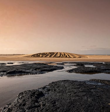 A wide, cinematic shot of a sprawling beach during the golden hour. In the distance, a large-scale sand artwork is carved into the shore, surrounded by dark Charcoal tide pools that reflect the Soft Sand and Terracotta sky.