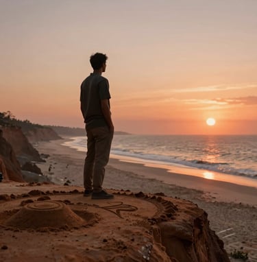 A medium shot of a sand artist standing on a cliff edge overlooking a beach at sunset. The atmosphere is contemplative and cinematic, bathed in warm Terracotta light, with the artist's silhouette looking out over a Soft Sand coast.