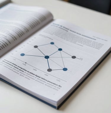 Close-up of a printed scientific journal cover featuring graphs of social media network connections, representing research on online grooming and digital violence prevention, sitting on a pristine white desk.