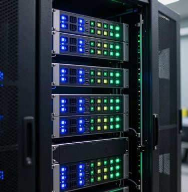 A professional close-up photograph of high-tech server racks with glowing blue and green status LEDs inside a secure data facility in Mexico City, representing systems engineering and online safety infrastructure.