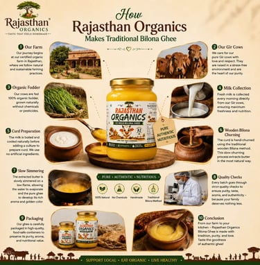 Infographic showing the traditional Bilona method for making Rajasthan Organics A2 Gir cow ghee from farm to jar.