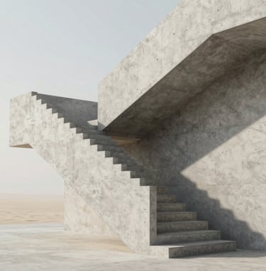 A high-end minimalist architectural photograph of a brutalist concrete staircase. The composition uses harsh shadows and sharp angles. The concrete texture is visible against a soft sand sky (#F9F7F2). Professional, authorial style.