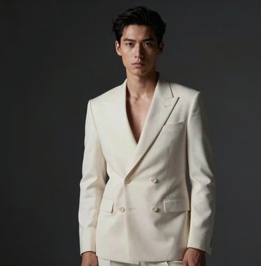 A sophisticated editorial fashion portrait. The male model wears a soft off-white tailored suit against a deep charcoal black minimalist studio backdrop, with soft cinematic lighting.