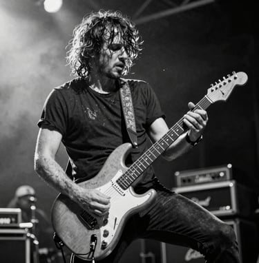 A dynamic shot of a guitarist on stage, captured in high-contrast black and white, raw energy, sweat and motion blur, Western European music festival setting.