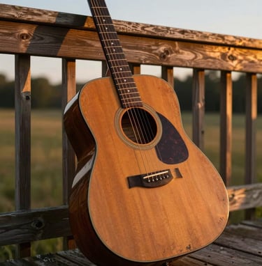 A close-up photograph of a weathered acoustic guitar resting against a wooden porch railing in the North American countryside during the golden hour. The lighting is warm and soulful, highlighting the grain of the wood in burnt orange and dark brown tones.