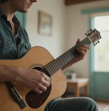 A medium shot of a musician's hands skillfully strumming guitar strings, captured with a soft focus in a sun-drenched North American interior. The scene features dusty teal accents and warm off-white walls, conveying a nostalgic and inviting mood.