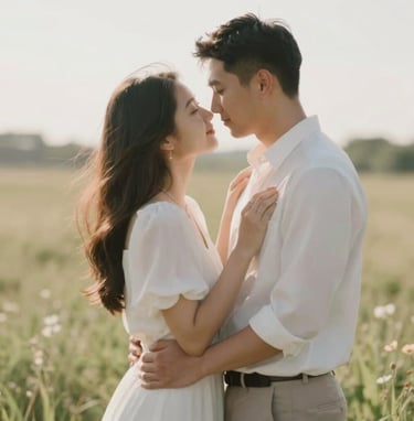An elegant engagement photograph of a couple in a sun-drenched meadow, showcasing artistic elegance and authentic emotion. Soft #CFC7BB lighting and contemporary styling.