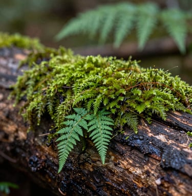 Macro photography of vibrant green moss and delicate ferns growing on a damp cedar log, soft diffused light in a North American forest, high detail on textures, tranquil atmosphere.