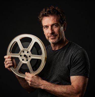 A dramatic, low-key portrait of a filmmaker in an Angolana professional studio, holding a vintage film reel. The lighting is high-contrast with a warm golden #B89F6B rim light against a deep black #0A0A0A background, capturing a focused and wise expression.