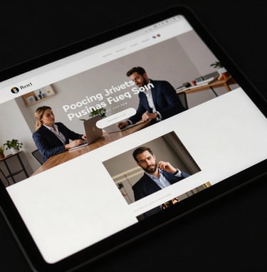Close-up photography of a high-end, modern business website displayed on a tablet, showing clean typography and high-impact imagery, in a professional North American / US studio setting. Palette features soft off-white and deep black.