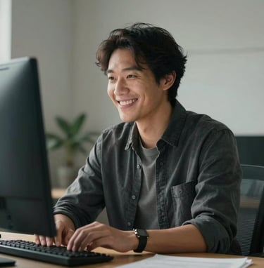 Photography of a happy business owner in a North American / US creative workspace, looking at a screen with a satisfied expression. Lighting is warm and natural. Palette involves cool grey and deep black colors.