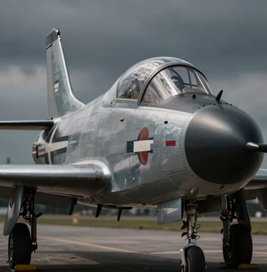 A detailed, artistic shot of a vintage fighter jet's nose art and fuselage, highlighting the metallic texture and heritage rivets. Lighting is moody and dramatic with deep shadows and #B2BEB5 silver tones.
