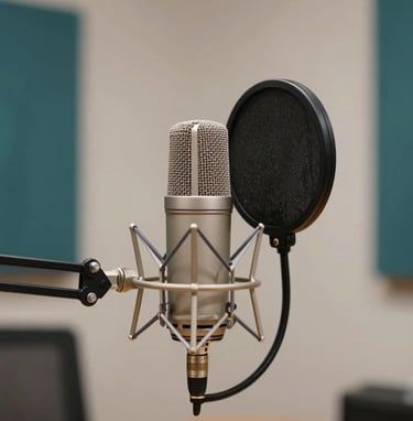 A cinematic close-up of professional podcasting equipment in a cozy studio. A high-end microphone with a pop filter is in focus. Background features soft muted teal accents and warm off-white tones. North American / US interior style.