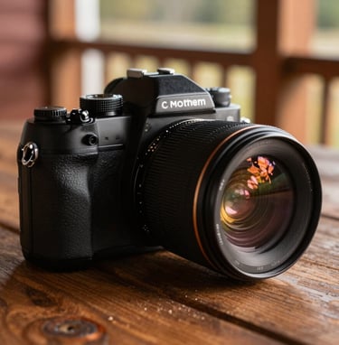 A close-up, cinematic shot of a camera resting on a rustic wooden table on a North American / US porch. Warm sunbeams create a terracotta-tinted glow on the lens. Authentic and tangible textures.