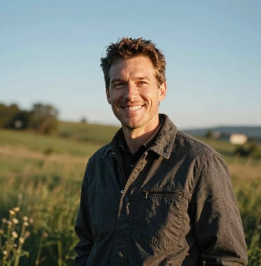 A friendly, cinematic portrait of a photographer in a North American / US outdoor setting. Soft golden hour lighting, authentic smile, wearing a charcoal jacket. Background is a blur of sun-drenched greenery and sky blue.