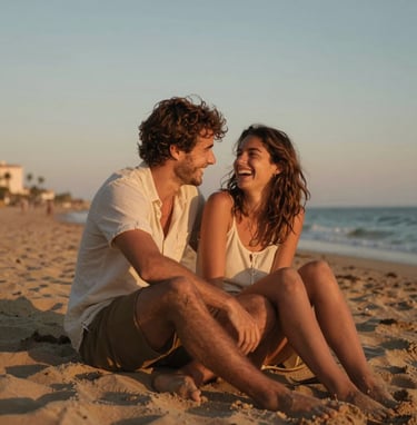 An intimate lifestyle portrait of a young couple laughing together, sitting closely on a sandy beach during sunset, Spain / Southern Europe. Warm golden hour lighting, cinematic style with terracotta and sand tones, natural and nostalgic.