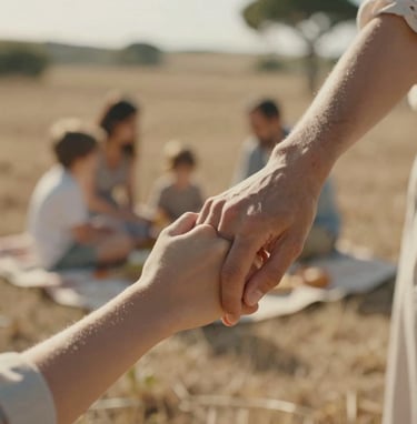 A vertical detail shot of hands gently holding each other, with a soft-focus background of a family picnic under warm sunlight in a rustic field, Spain / Southern Europe. Nostalgic and intimate atmosphere with earthy sand tones.