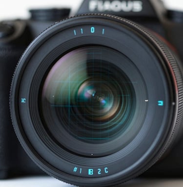 A close-up of a high-tech camera lens reflecting a digital grid. The colors are predominantly #1A202C with glowing cyan accents in #E0FBFC. Symbolizes the intersection of technology and photography.