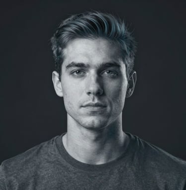 A high-resolution portrait showing studio-level lighting and sharp textures. The subject has a professional look with subtle digital light effects in #98C1D9 tracing their silhouette. Minimalist dark background.