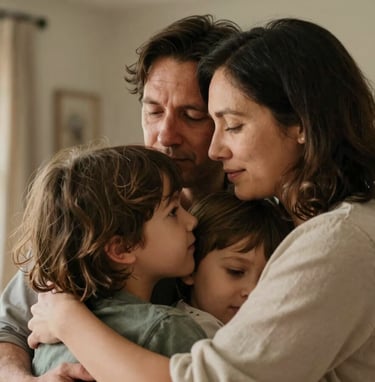 An intimate, warm-toned close-up of a family group hug in a North American home. The lighting is soft and natural, coming from a nearby window. The mood is authentic and emotional, focusing on the connection between parents and children. Background elements are in soft sand colors.
