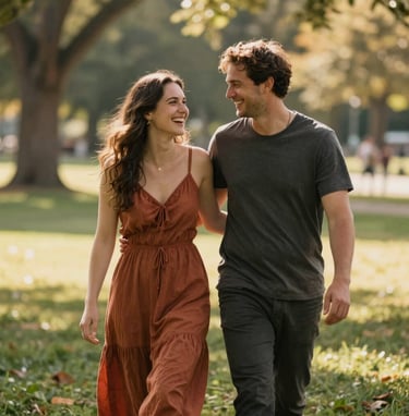 A candid, cinematic photo of an authentic couple walking through a sun-drenched North American park. They are laughing and looking at each other, captured in a warm, intimate style. The lighting is soft and golden, with clothing in terracotta and charcoal tones.