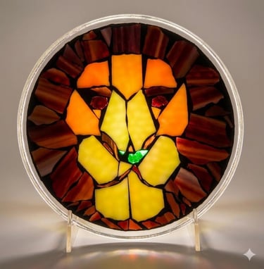 Intricate glass mosaic of a lion's face, titled "Dad's Leo," with warm & earth toned fragments.