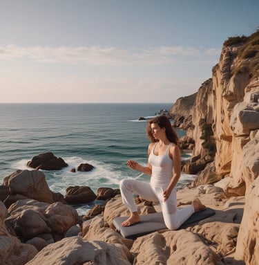 a woman in white pants and white top doing yoga on a cliff with yoga bolster