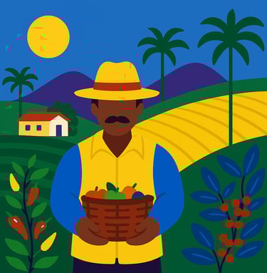 campesino colombiano cosechando café y otros productos