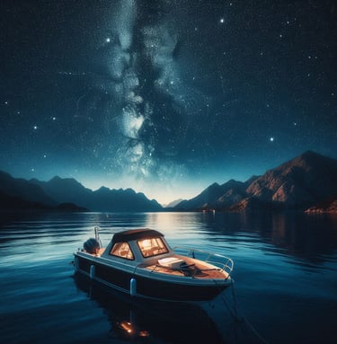 Barco fondeado en el mar de noche bajo las estrellas