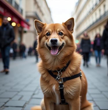 A red-haired dog sits on the Parisian street and waits.