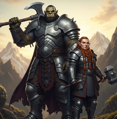 Commanders Vargash and Elira Stoneforge stand side-by-side on a mountain path.