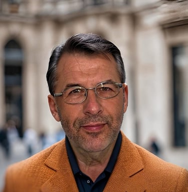 Jan Weihs, założyciel i Chief Financial Officer firmy Weihs, w marynarce na tle budynku.