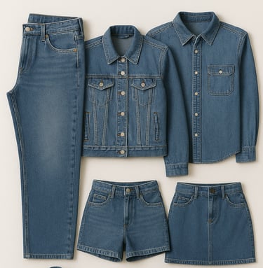 Denim garments including jeans, jackets and workwear