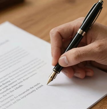 Macro shot of hands signing a physical legal document with an elegant fountain pen on a warm wooden desk, soft side lighting.