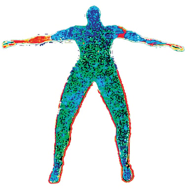 Pop art of person made of blue,  green and red  energy.
