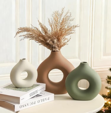 Modern ceramic vase set of 3 decorative hollow vases for living room coffee table and minimalist home decor.