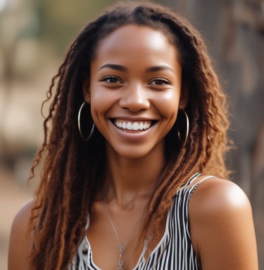 Photo of a cheerful young South African woman outdoors with a confident smile.