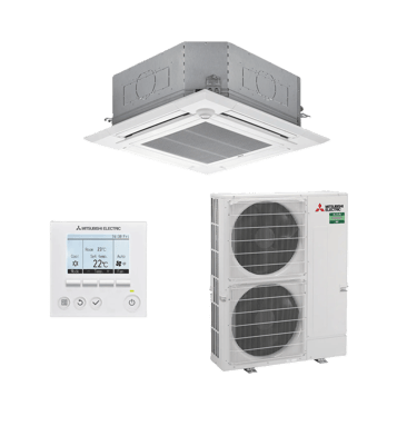 Mitsubishi Electric ceiling cassette air conditioner unit with outdoor condenser and wall controller.